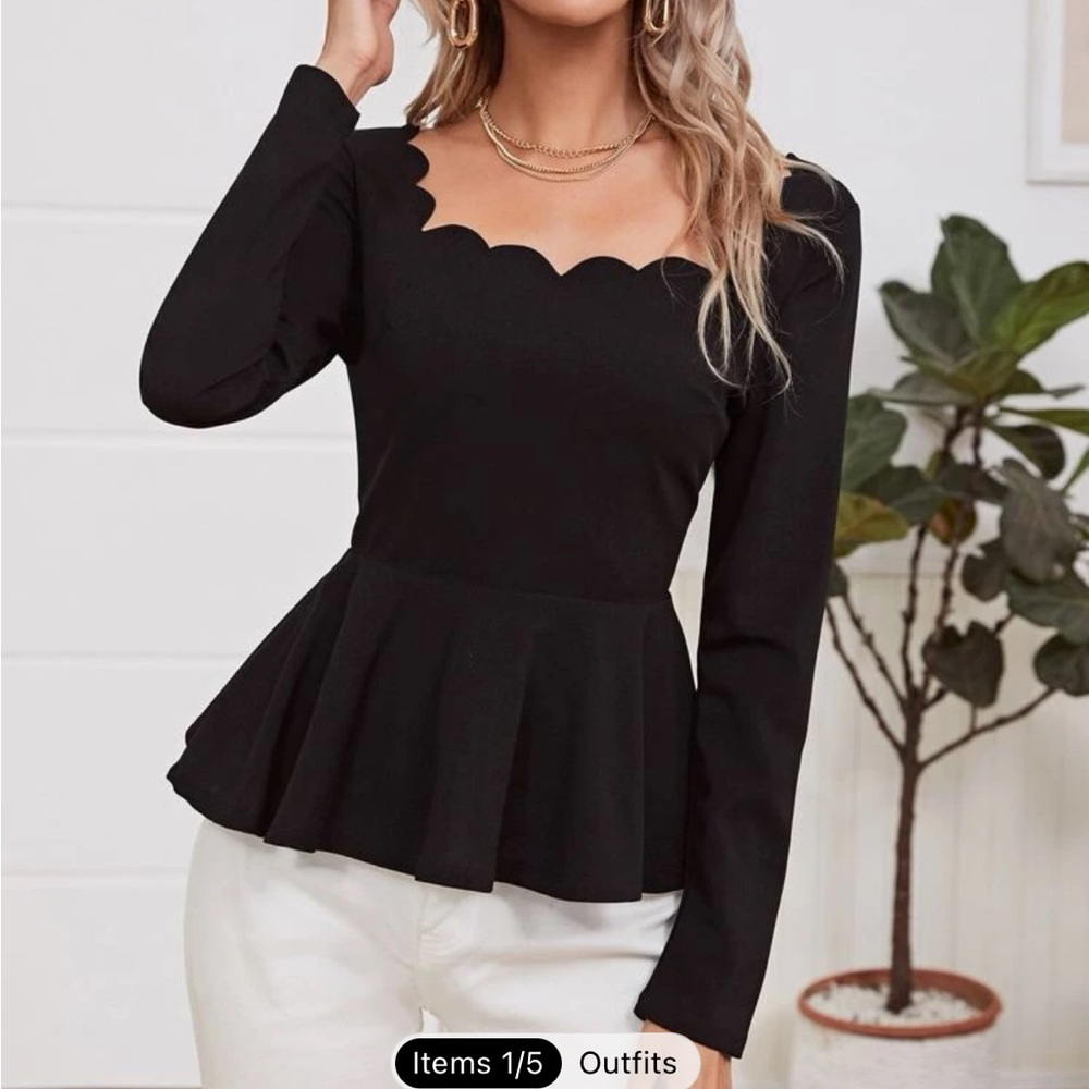 Black Scalloped Peplum Top